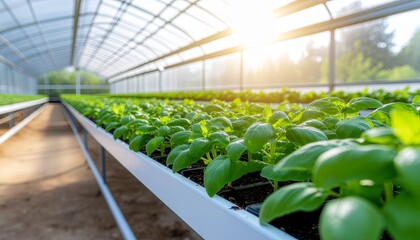 Rows of vibrant green plants growing in a sunlit greenhouse, showcasing modern agricultural practices and sustainable farming.