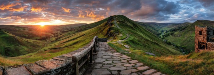 Scenic vista of rolling green hills, stone path, and ruins at sunset, under dramatic skies