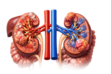 Human kidney anatomy cross section showing tumors arteries veins urinary system detailed medical illustration isolated on white background