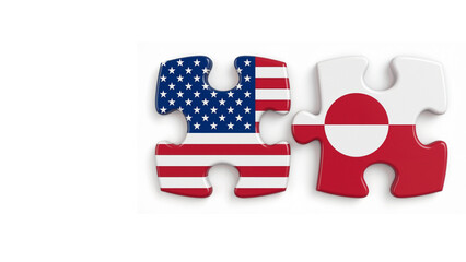 Two Jigsaw Puzzle Pieces with United States and Greenland Flags Connecting on White Background