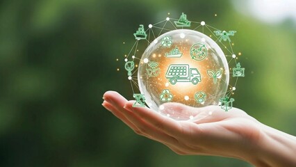 Hand Holding Glowing Eco Transportation Sphere with Sustainable Mobility Icons