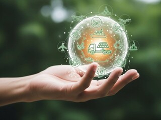Hand Holding Glowing Eco Transportation Sphere with Sustainable Mobility Icons