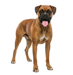 Obraz premium Brown Boxer Dog Standing with Tongue Out on White Background