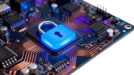 Secure Circuit Board with Blue Padlock Encryption