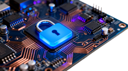 Secure Circuit Board with Blue Padlock Encryption