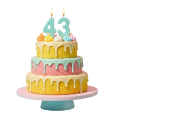 Three-Tier Pastel Birthday Cake with Number 43 Candles on White Background