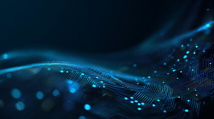 Futuristic blue circuit board with glowing neon lines and dots