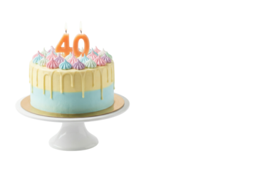 Pastel Yellow and Blue 40th Birthday Cake with Orange Candles on White Stand