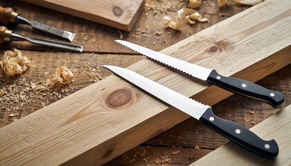 Two serrated knives on a rustic wooden workbench with wood shavings and chisels, concept for carpentry, cooking and DIY projects.