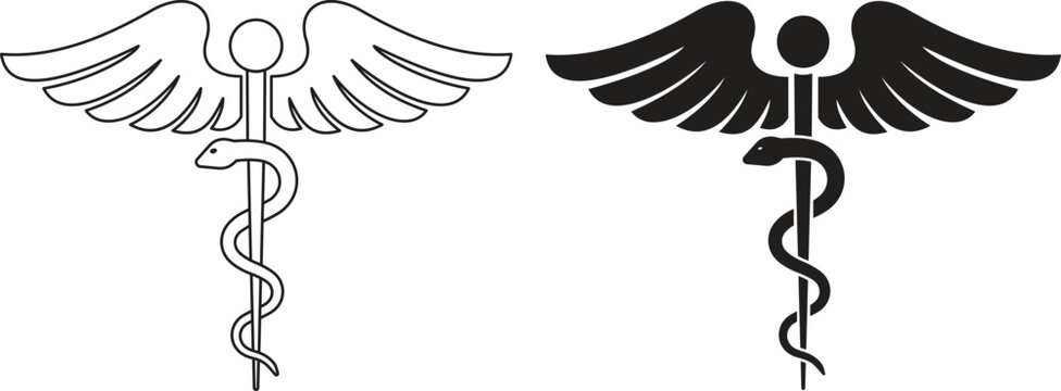 Caduceus and rod of Asclepius medical icon set. Snake entwined around a staff with wings for pharmacy and healthcare symbols, Various outline and solid black silhouette vector illustration.