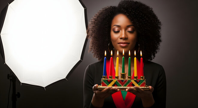 African American woman holding a Kinara with seven lit candles i