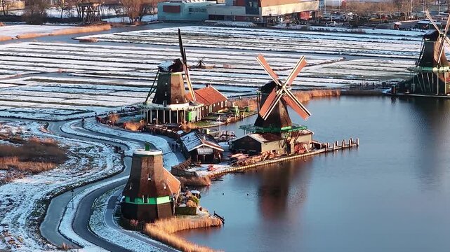 Zaanse Schans Historic Windmills Winter Aerial