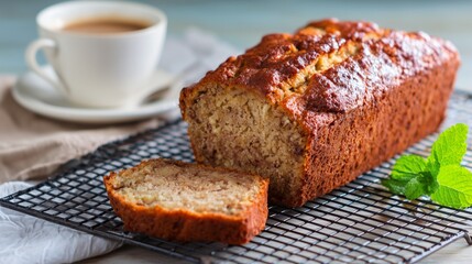 Banana bread loaf and slice cooling on a rack with coffee and mint leaves