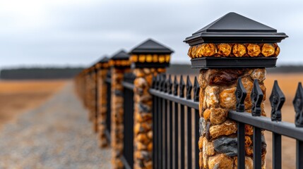 Stone and metal fence posts line a rural path under a cloudy sky in an open field during the day