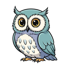 Fototapeta premium A cute cartoon owl with large eyes and blue feathers sits on a branch.