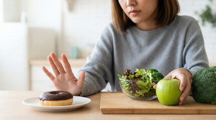 Woman choosing between healthy and unhealthy food. Dieting and unhealthy eating concept.