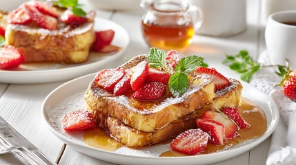 French toast slices topped with fresh strawberries, maple syrup, and powdered sugar
