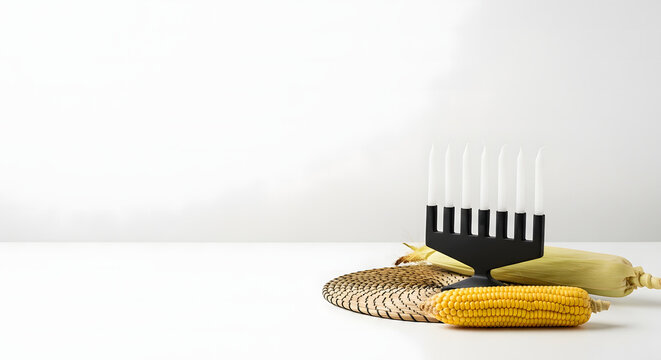 Black kinara with seven white candles and ears of corn on a brig