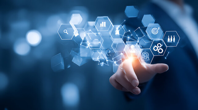 Businessman interacting with futuristic digital interface icons - Powered by Adobe