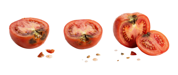 Red Ripe Tomato Halves and Slices with Seeds Isolated on White Background
