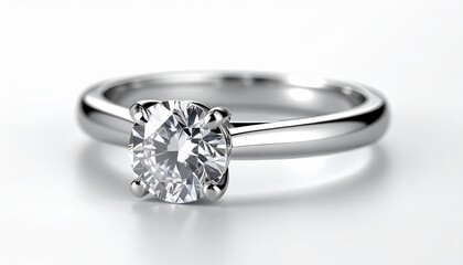 "Close-up solitaire diamond ring with brilliant-cut stone in four-prong setting on polished metal band."