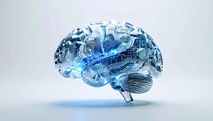 "Transparent 3D brain model with glowing orange circuitry and neural nodes on light background."