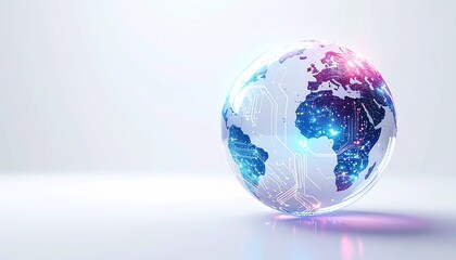 "Digitally rendered globe with glowing circuits and nodes focused on Europe and Africa over light background."