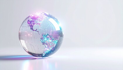 "Digitally rendered globe with glowing circuits and nodes focused on Europe and Africa over light background."