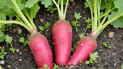 Three fresh Long Scarlet Radishes