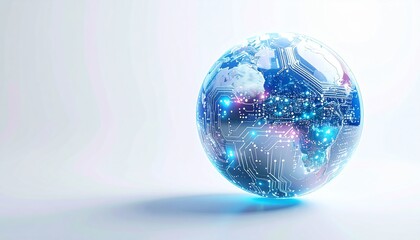 "Digitally rendered globe with glowing circuits and nodes focused on Europe and Africa over light background."