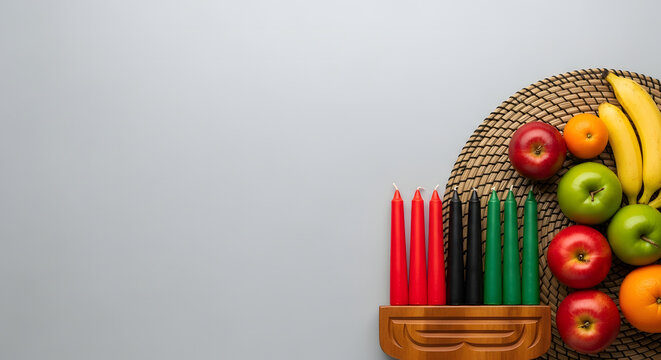 Kwanzaa Kinara with seven candles and fresh fruits on a woven ma
