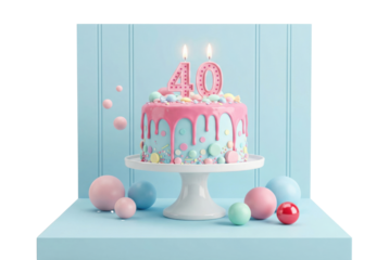 Pink and Blue Drip Cake with 40th Birthday Candles on White Pedestal Stand