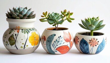 "Row of small potted plants with unique decorative pots and varied greenery on white background."