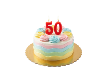 50th Birthday Celebration Cake with Lit Candles on White Background