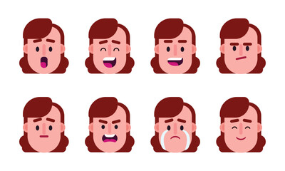 girl expressing different emotions. Flat vector illustration collection isolated on background, character illustration, geometric, set of expression