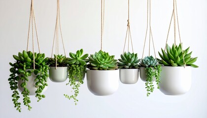 "Hanging succulent planters with varied greenery in white and metallic pots against clean white wall."