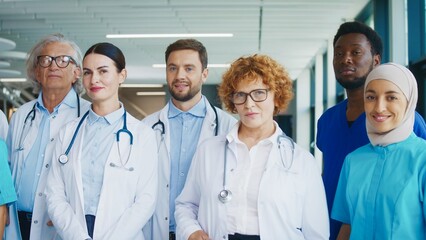Medical team standing closely together in bright clinic hallway looking directly at camera. Confident group smiling with joy and presenting unity. Professionals posing proudly. Healthcare concept.