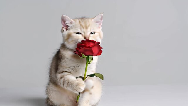 Adorable kitten holding a red rose. Valentine&rsquo;s Day card concept.