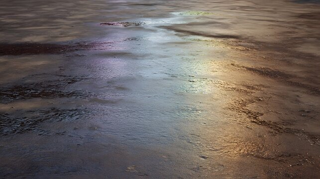 Colorful light reflections shimmer across a wet textured concrete surface at ground level