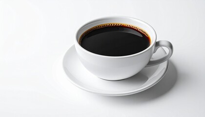 "White ceramic cup of black coffee on matching saucer over clean white background in minimalist style."