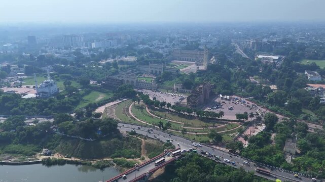 Drone shot of Bara Imambara and Rumi Gate in Lucknow with Gomti River and city skyline