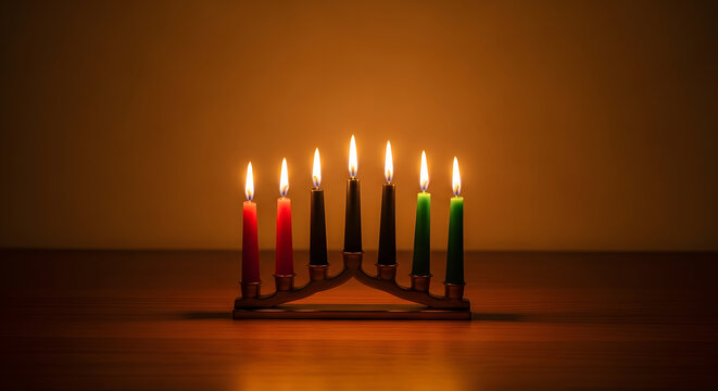 Seven lit candles in a Kinara centerpiece on a wooden table for