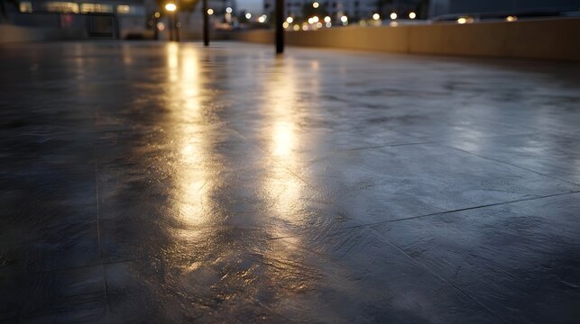 Wet urban pavement reflects twilight lights showing textured concrete surface - Powered by Adobe