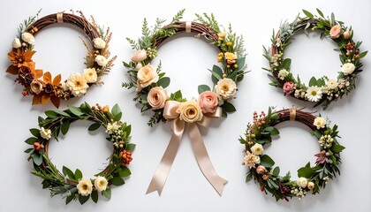 "Decorative floral wreath collection with peach roses, greenery, and ribbon bow on white background."