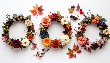 "Decorative floral wreath collection with peach roses, greenery, and ribbon bow on white background."