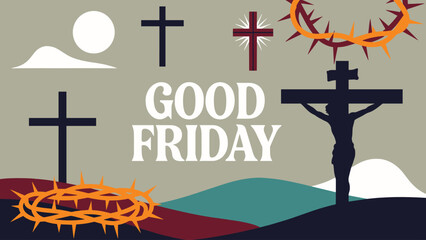 A vector illustration for Good Friday featuring multiple crosses and crowns of thorns against a muted background.
