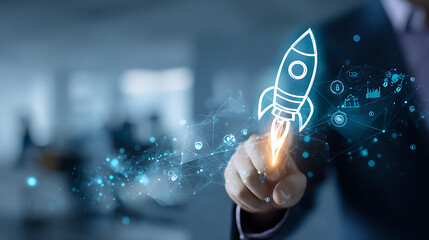 Businessman launching startup with rocket icon and digital network connections