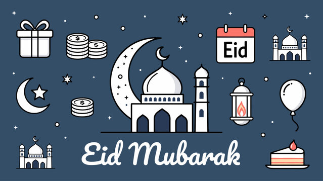 A collection of line art icons celebrating Eid Mubarak, featuring mosques, crescent moons, gifts, coins, and a calendar, on a dark blue background.