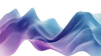 Abstract flowing particle wave mesh with blue purple gradient digital surface texture isolated on white background