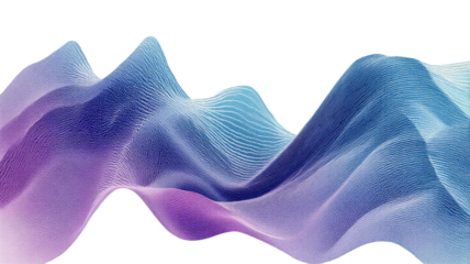 Abstract flowing particle wave mesh with blue purple gradient digital surface texture isolated on white background